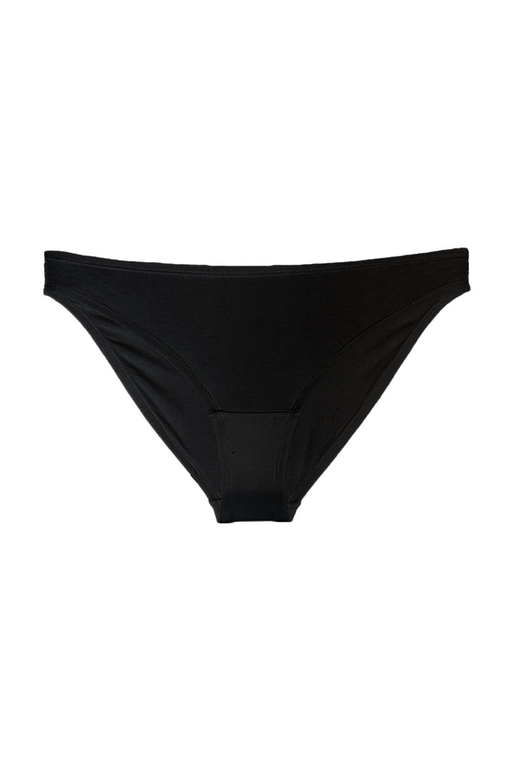 Black bikini underwear in organic cotton on a white background, front view
