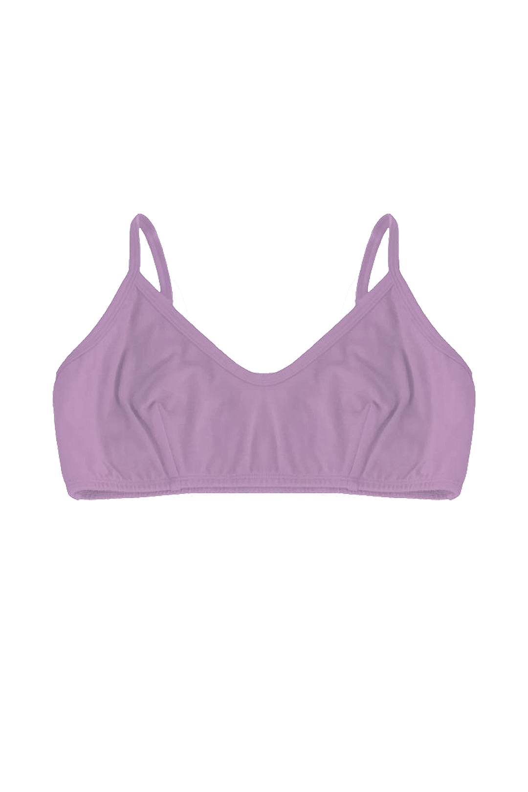 A light purple soft cup bralette with thin shoulder straps, displayed flat against a solid white background.