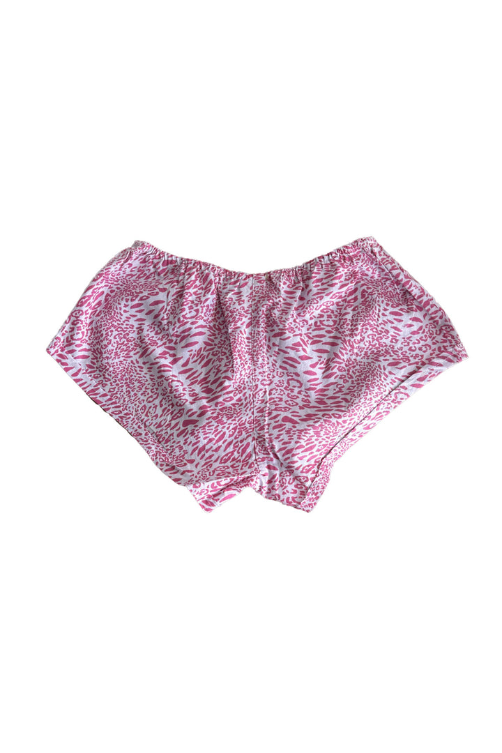 back view of flatlay of cotton french knickers in pink animal print