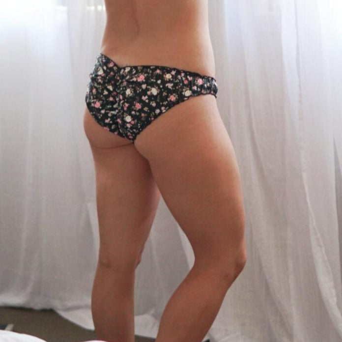 back view of cotton ruffle knickers, cotton floral underwear