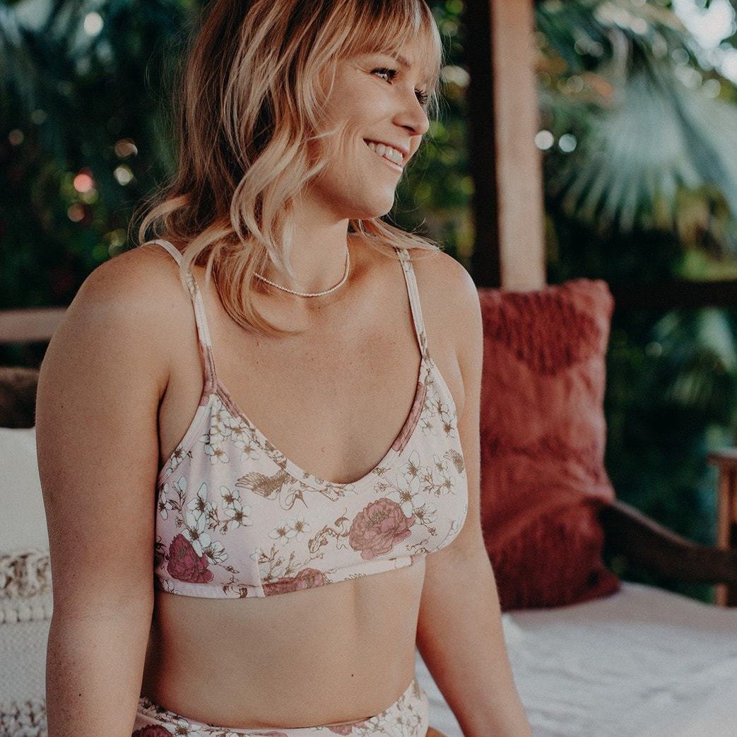 model wearing floral organic cotton bra 