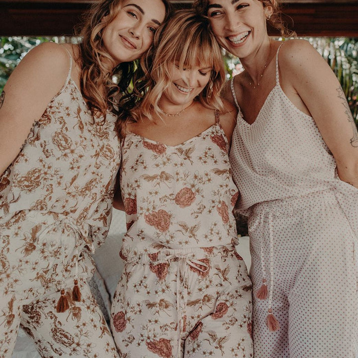 three model wearing printed organic cotton pyjamas