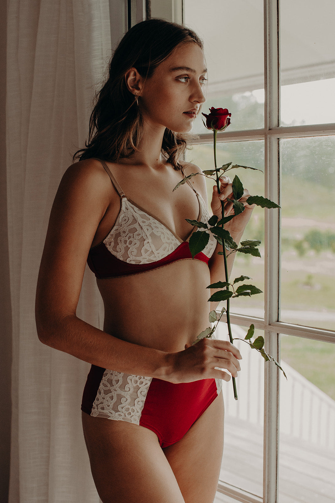 Model wearing organic cotton and lace lingerie, eco intimates