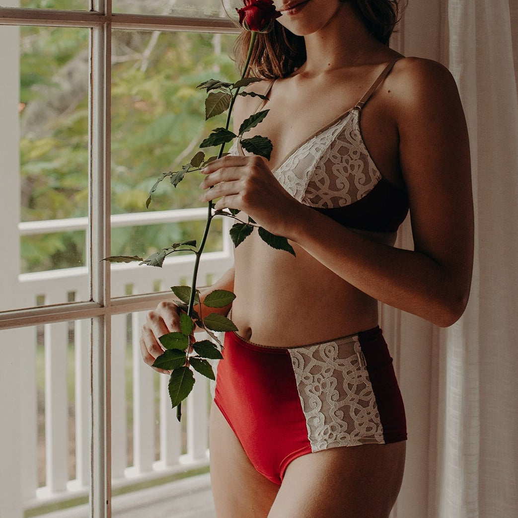model wearing high waisted knickers in red