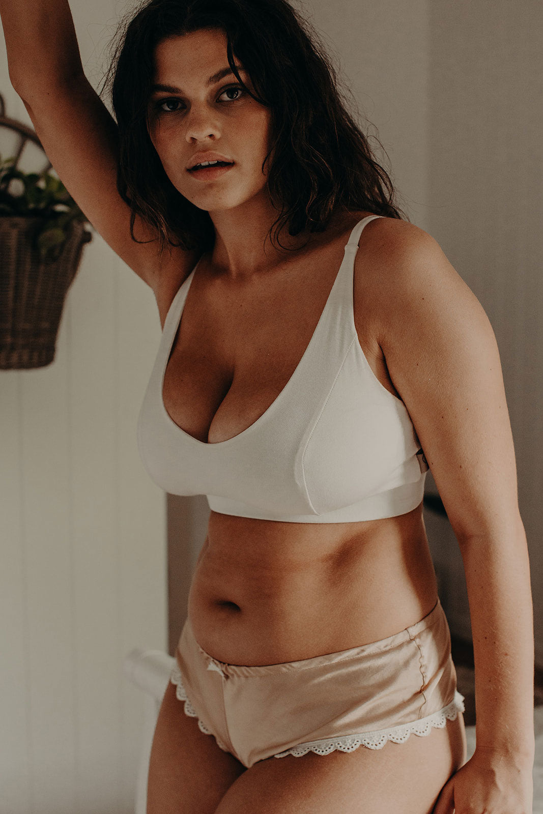 model in organic bralette and silk french knickers