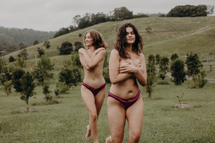 models wearing silk ruffle knickers out in nature, eco intimates ruffle knickers