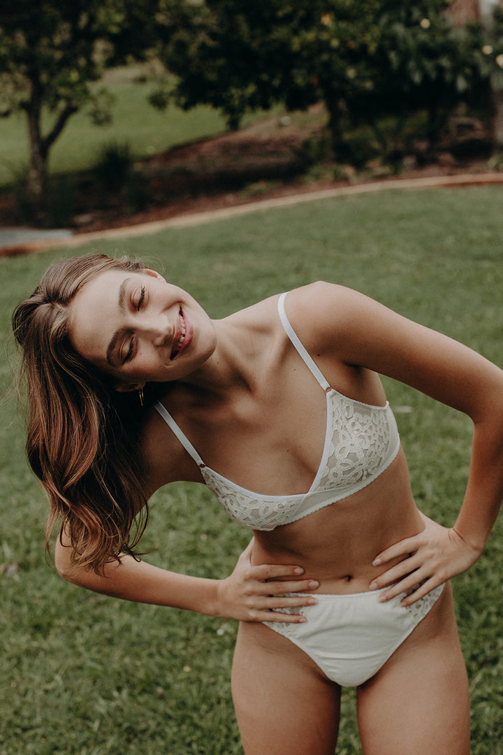 model wearing soft cup bra, eco intimates