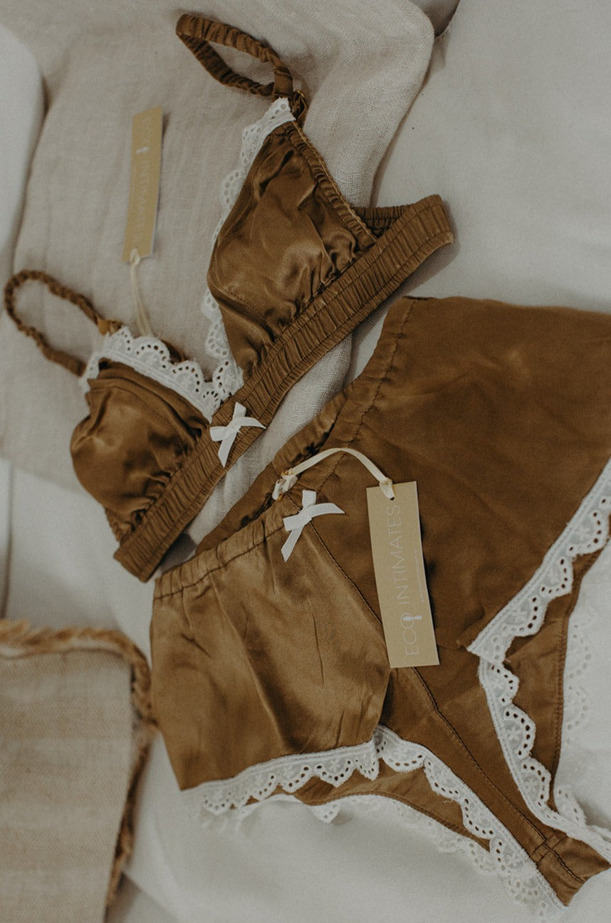silk intimates in golden brown, silk lingerie, eco intimates