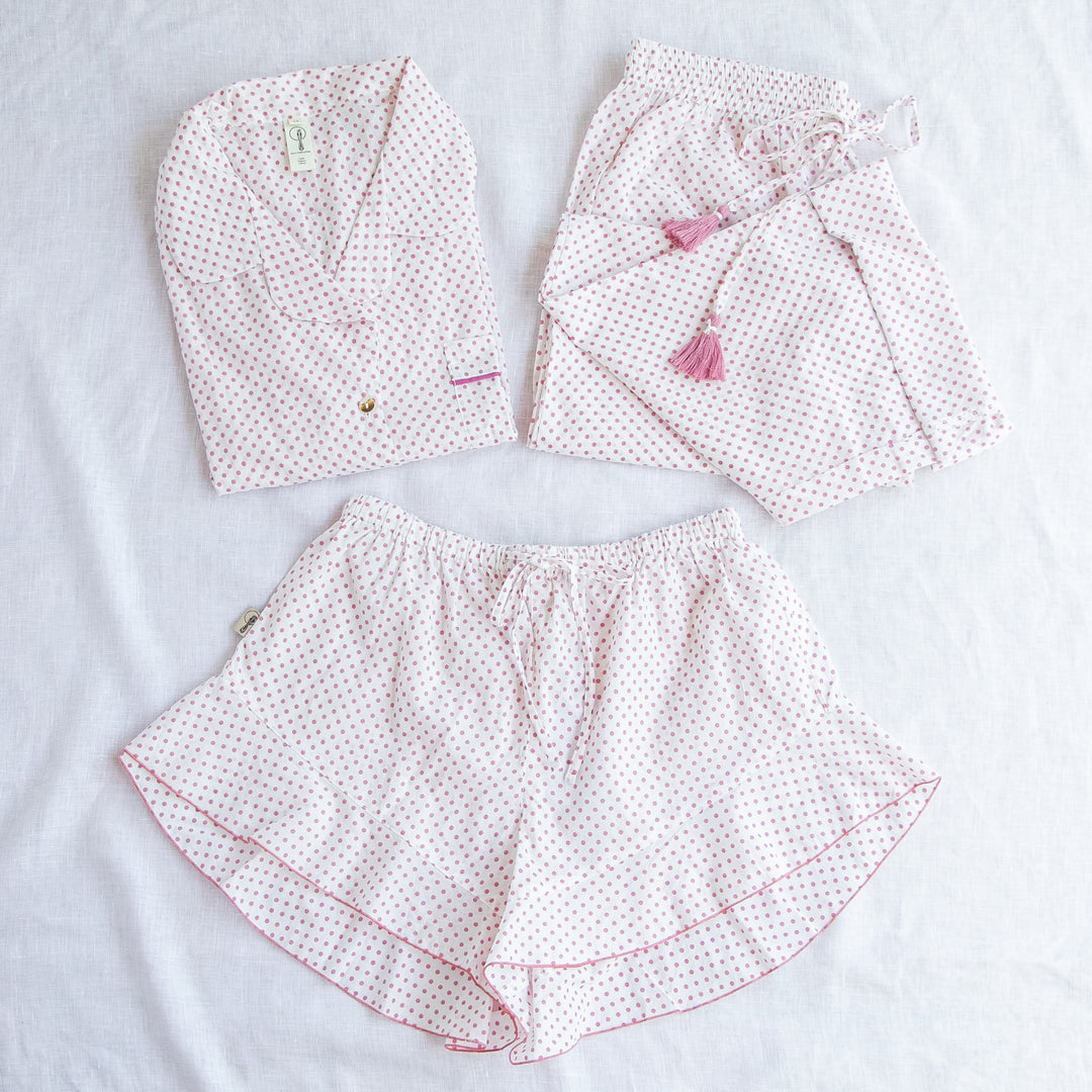 pj set with long sleeve shit, full length pant and frill boxer shorts