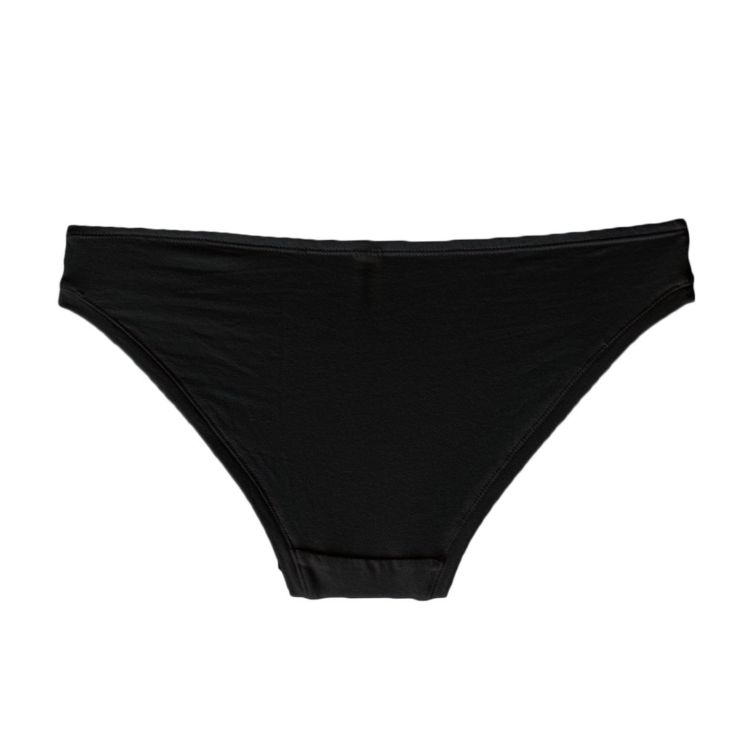 Back view of black cotton underwear, bikini style underwear, basic briefs, organic basics
