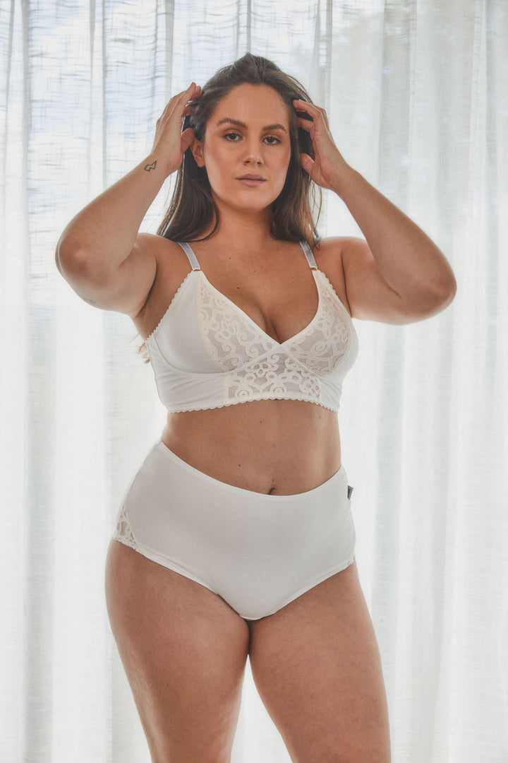 curvaceous model in organic lingerie