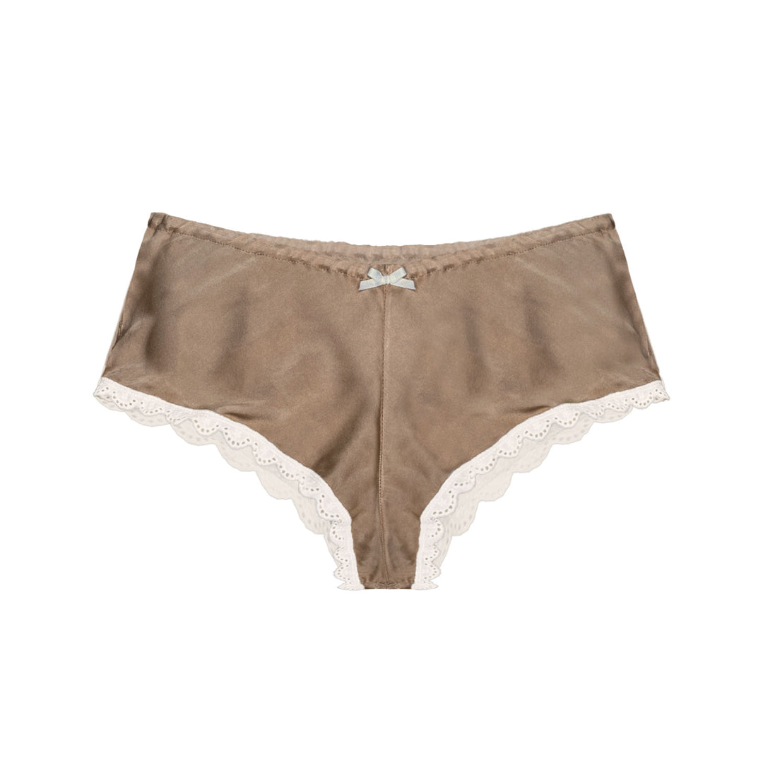 silk french knickers in soft brown colour trimmed with ivory lace