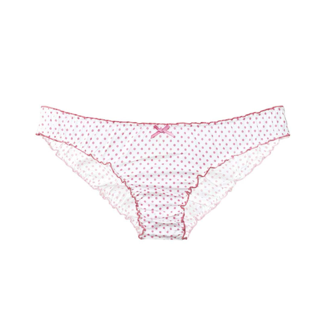 flat lay of pure organic cotton underwear with pink polkadots