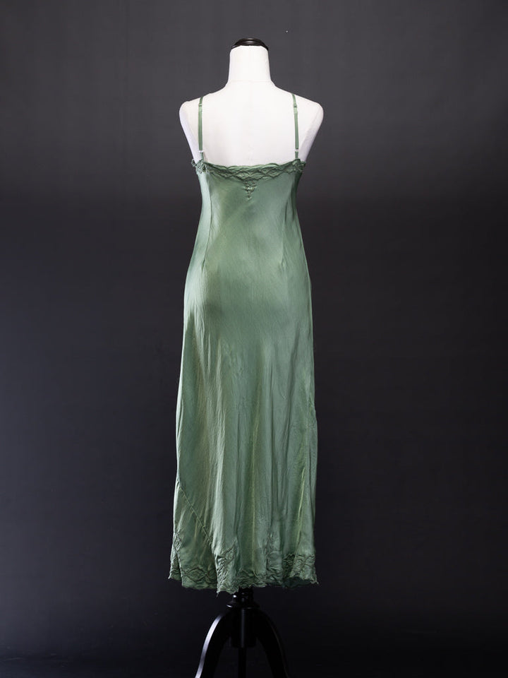 Silk Satin Slip Moss with embroidery