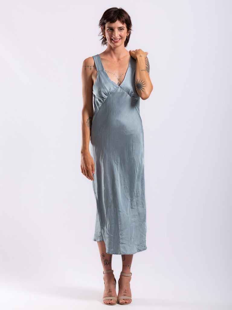 A dove blue satin dress in vintage style
