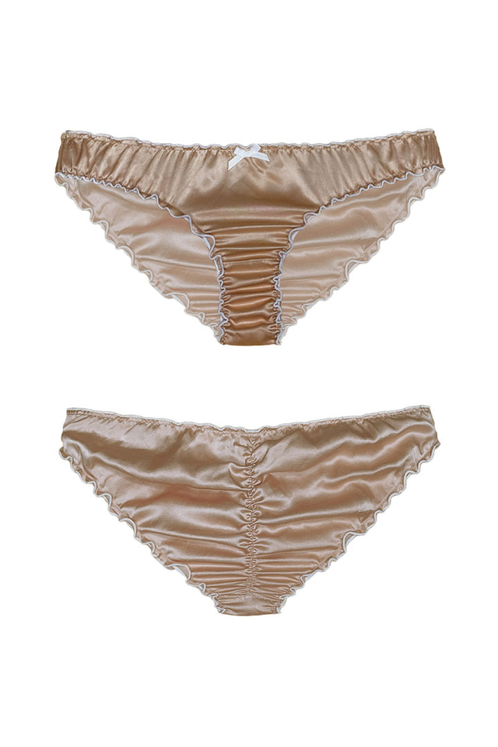 front and back of silk ruffle knickers in almond colour