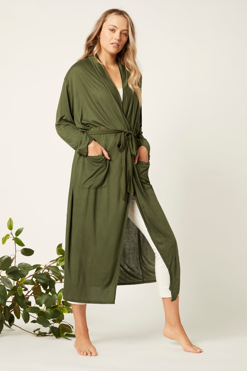 Zoe bamboo jersey robe in Olive