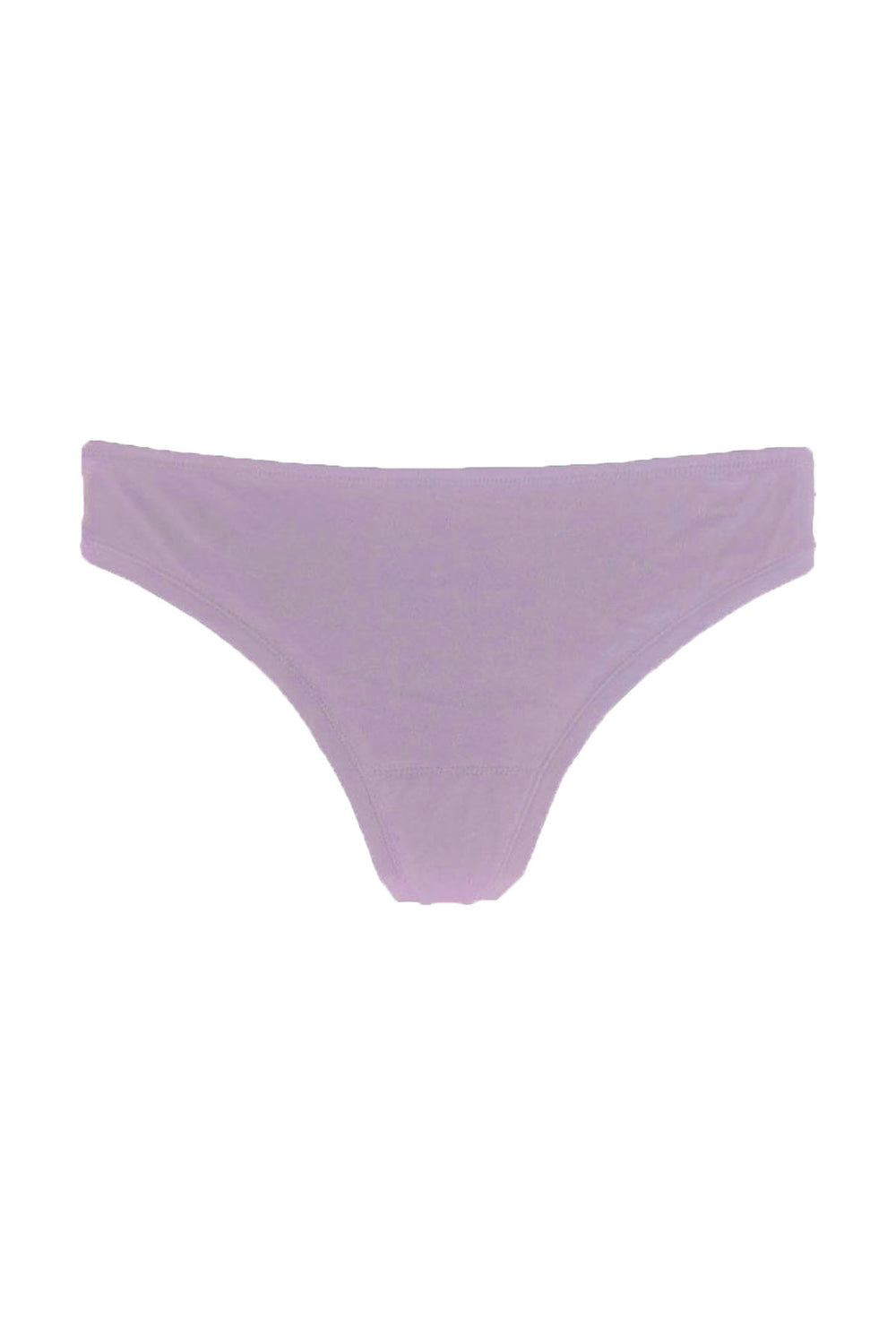 A lavender-colored mid-rise thong made from organic cotton jersey with a hint of elastane, designed with no elastic around the legs.