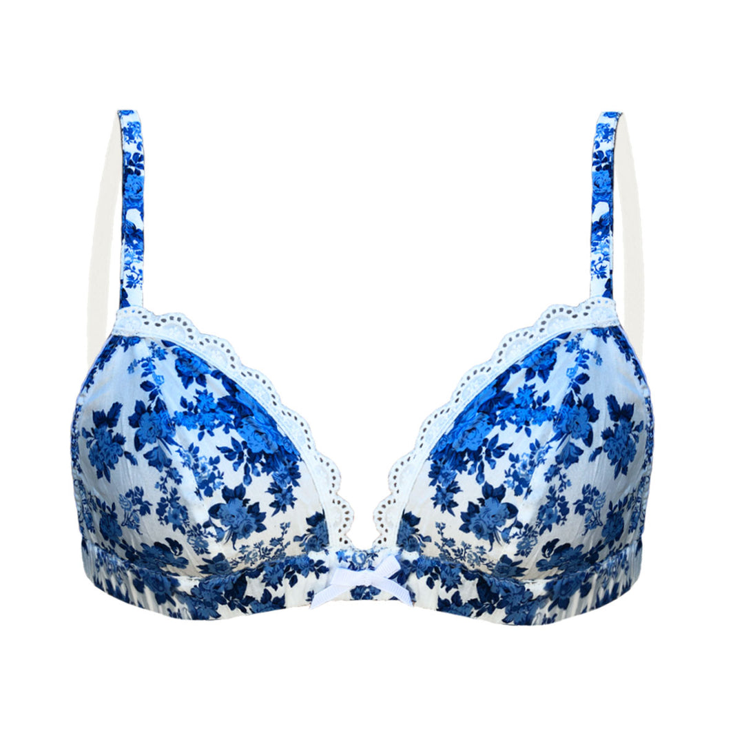 blue and white floral cotton bra
