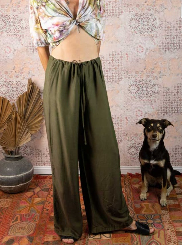 extra long legged pants in silk linen with drawstring in bronze colour
