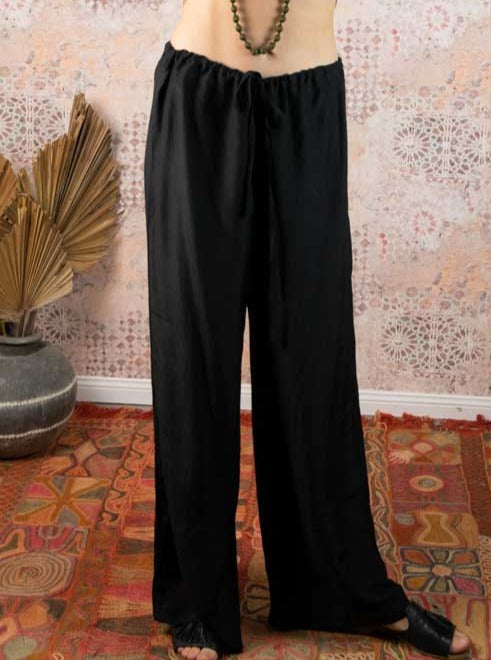 extra long legged pants in silk linen with drawstring in black colour